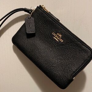 Coach Black Pebbled Leather Double-Zip Wristlet with Gold Hardware